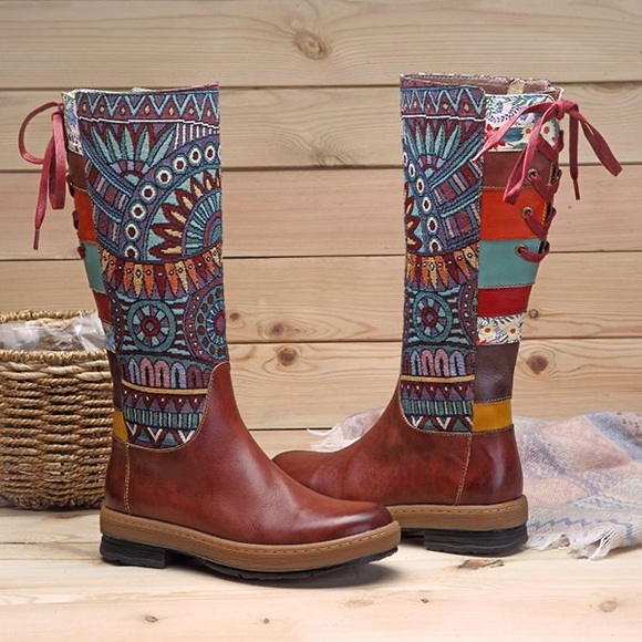 SOCOFY Bohemian Splicing Pattern Flat Leather - Picture 2 of 3